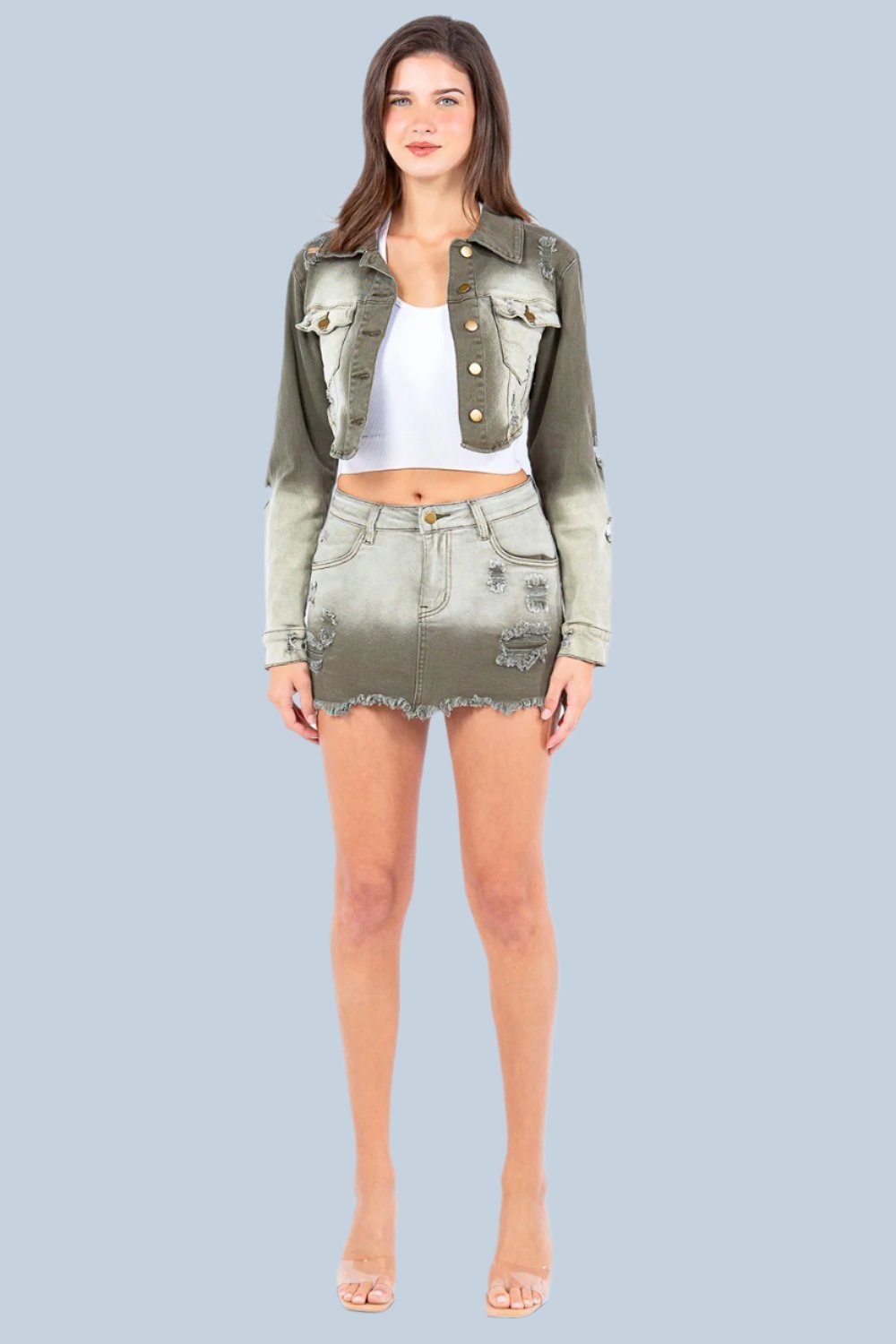 American Bazi - Olive Distressed Ombre Washed Cropped Denim Jacket