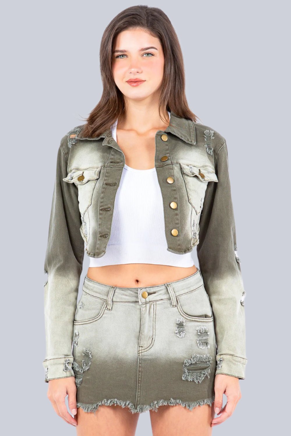 American Bazi - Olive Distressed Ombre Washed Cropped Denim Jacket