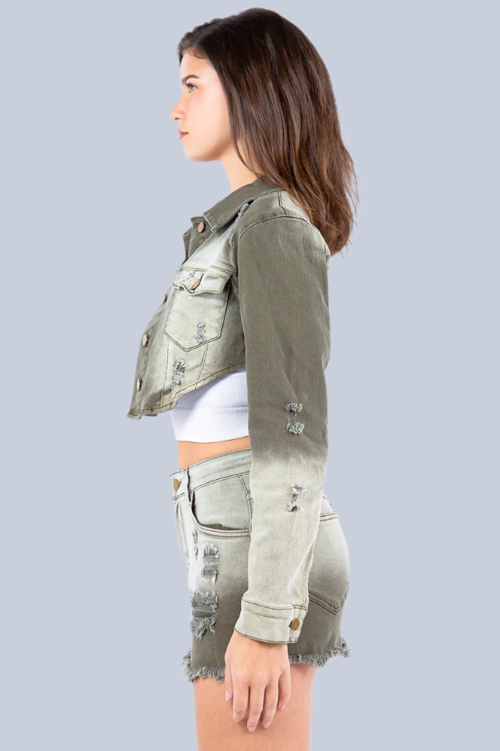 American Bazi - Olive Distressed Ombre Washed Cropped Denim Jacket