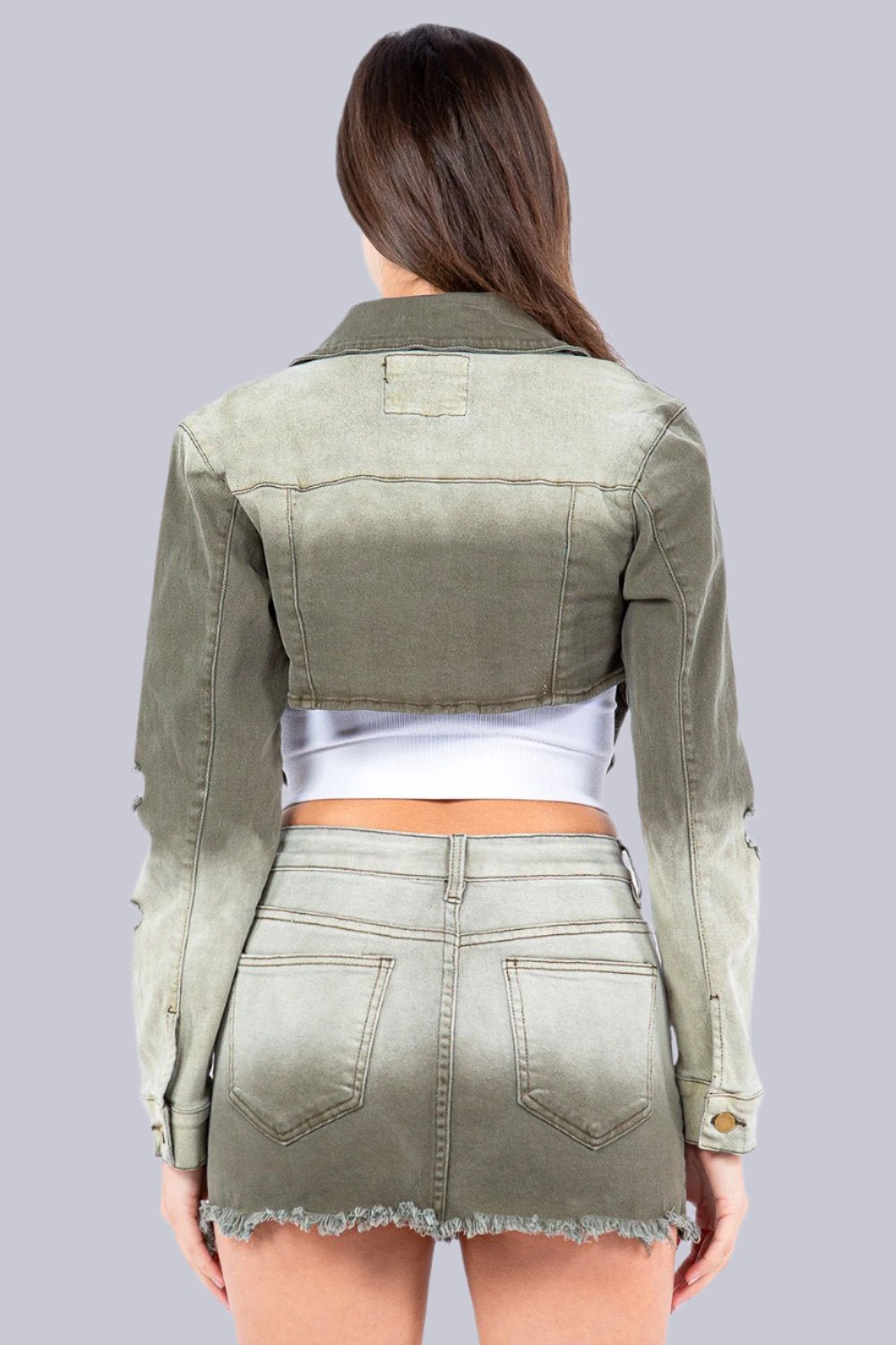 American Bazi - Olive Distressed Ombre Washed Cropped Denim Jacket