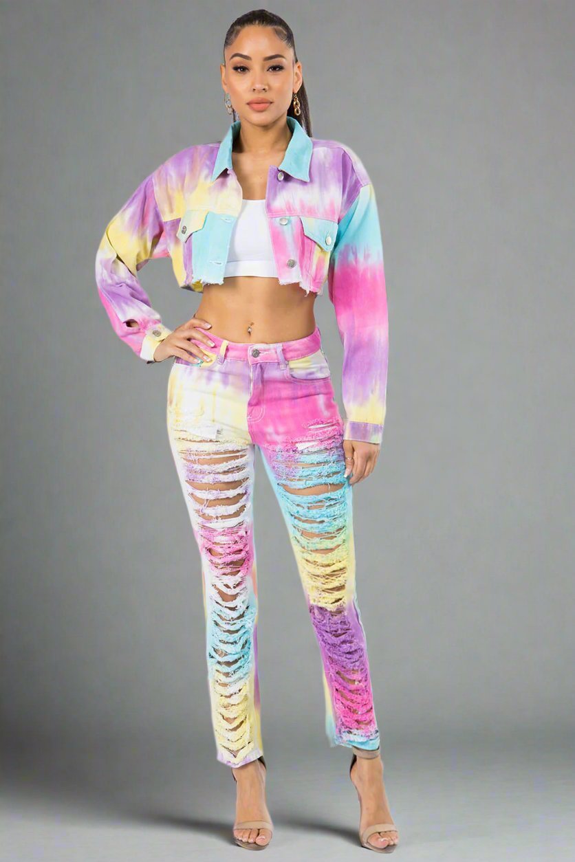 American Bazi - Unicorn Tie Dye Distressed Back Cropped Denim Jacket