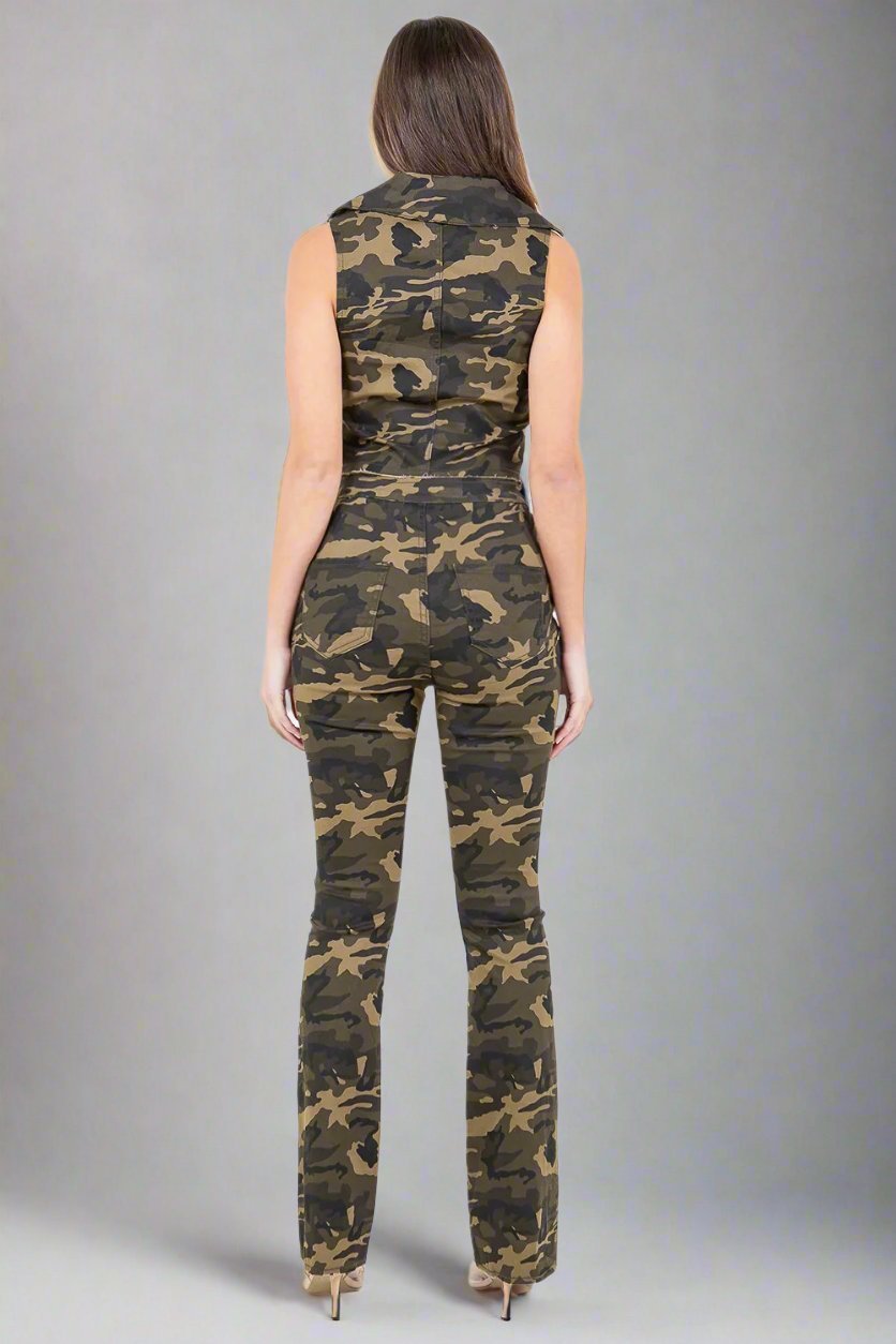 American Bazi - V - Cut Ruched Olive Camo Flare Jeans