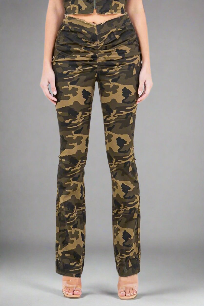 American Bazi - V - Cut Ruched Olive Camo Flare Jeans