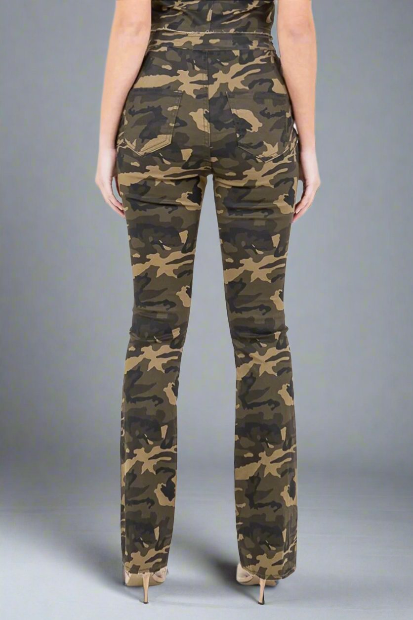 American Bazi - V - Cut Ruched Olive Camo Flare Jeans