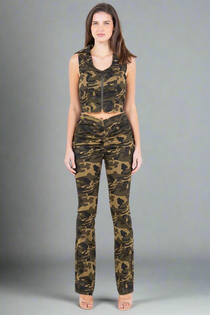 American Bazi - V - Cut Ruched Olive Camo Flare Jeans