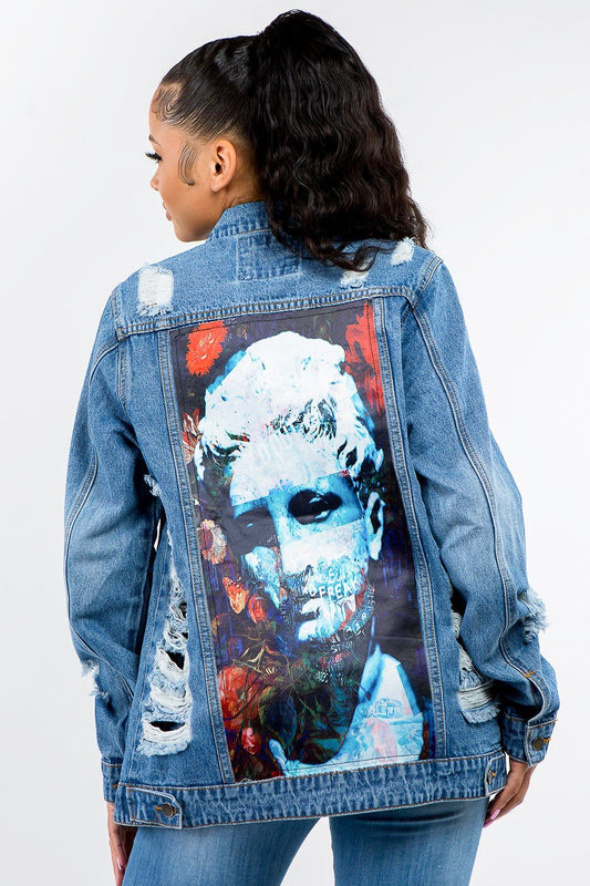 American Bazi - Vintage Artwork Button Up Distressed Denim Jacket in Blue