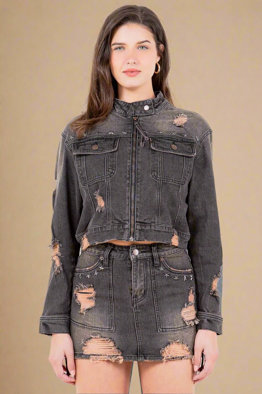 American Bazi - Vintage Wash Star Studded Denim Motorcycle Jacket