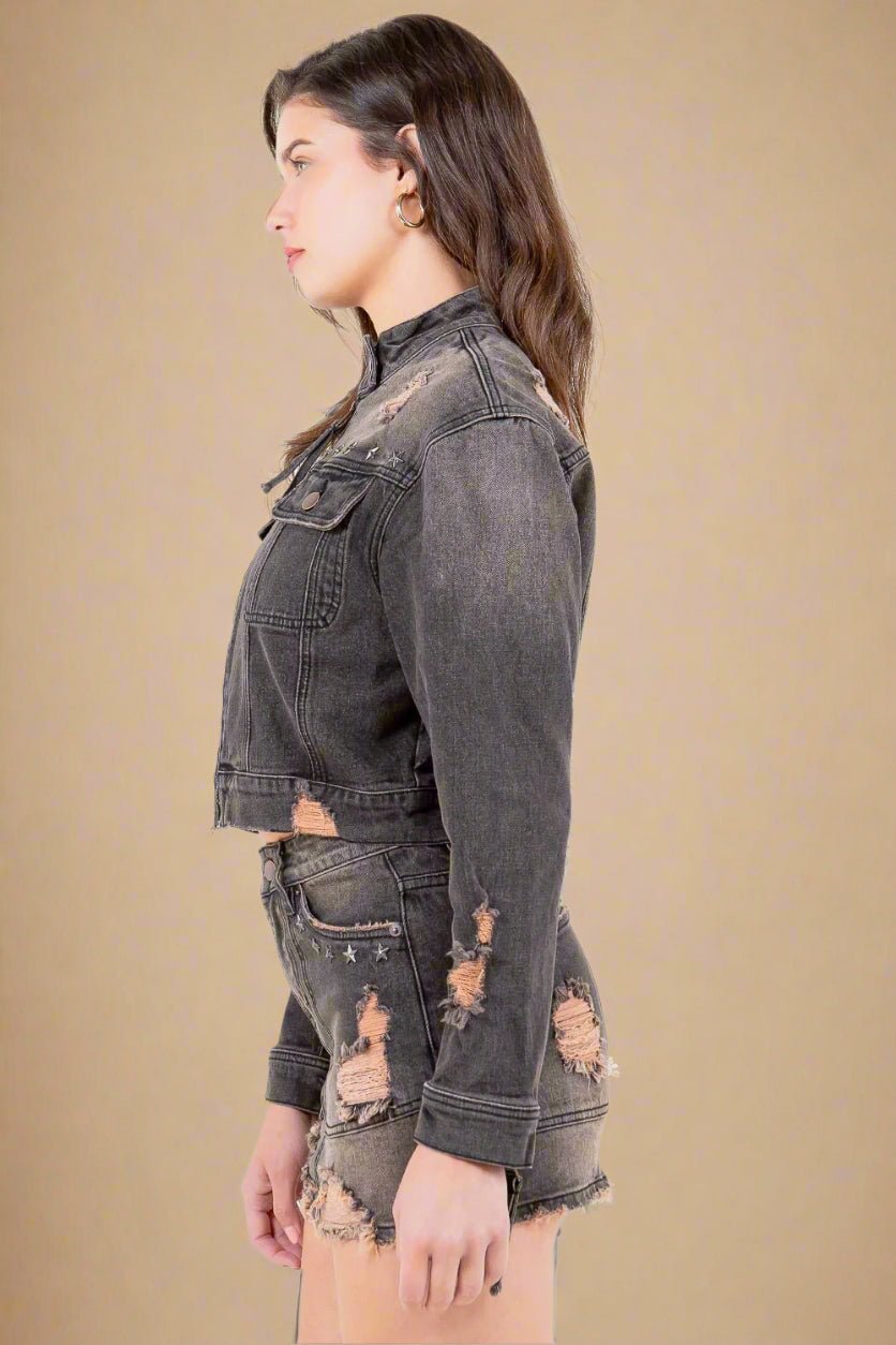 American Bazi - Vintage Wash Star Studded Denim Motorcycle Jacket