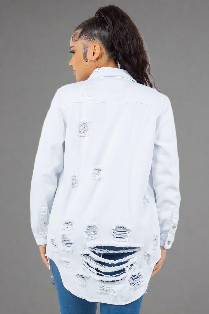 American Bazi - White Distressed Button Up Long Sleeve Denim Jacket