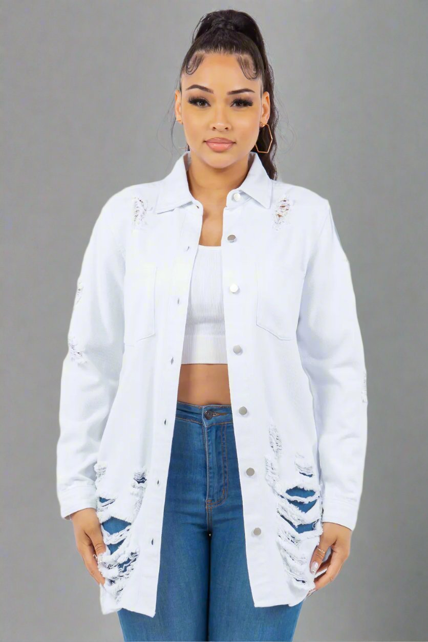 American Bazi - White Distressed Button Up Long Sleeve Denim Jacket