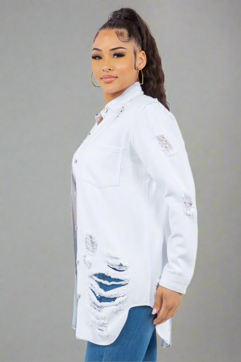 American Bazi - White Distressed Button Up Long Sleeve Denim Jacket