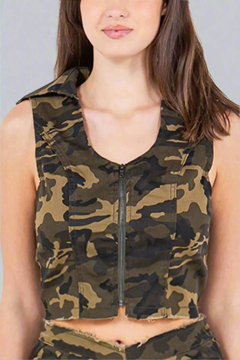 American Bazi - Zip Up Olive Camo Crop Denim Vest