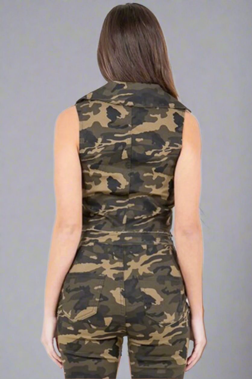 American Bazi - Zip Up Olive Camo Crop Denim Vest