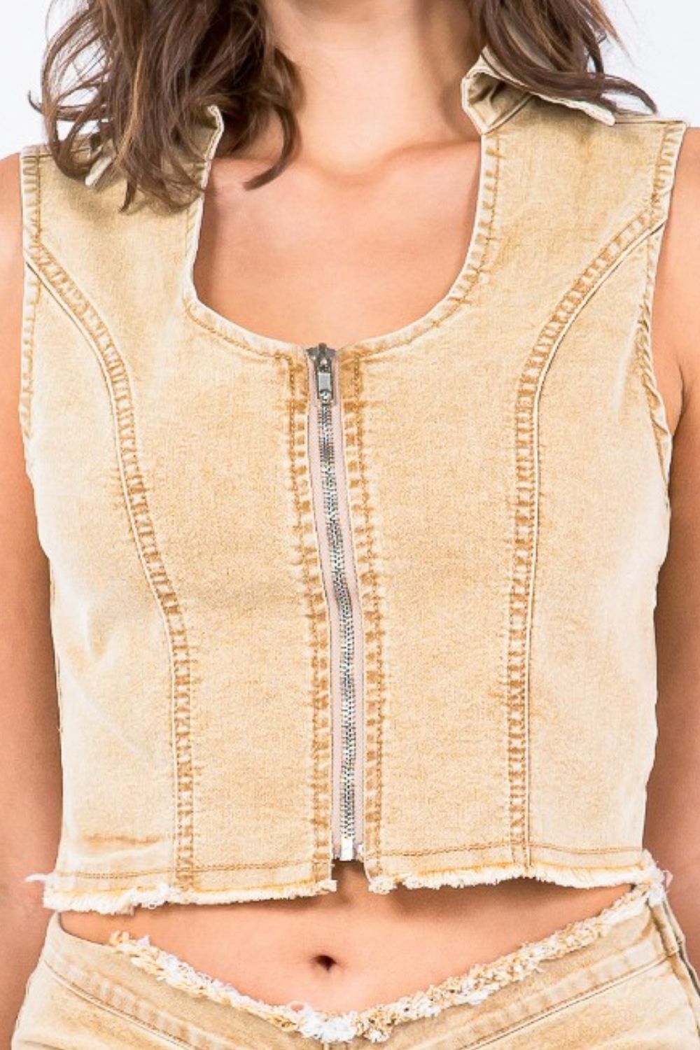 American Bazi - Zip Up Washed Crop Denim Vest in Tan