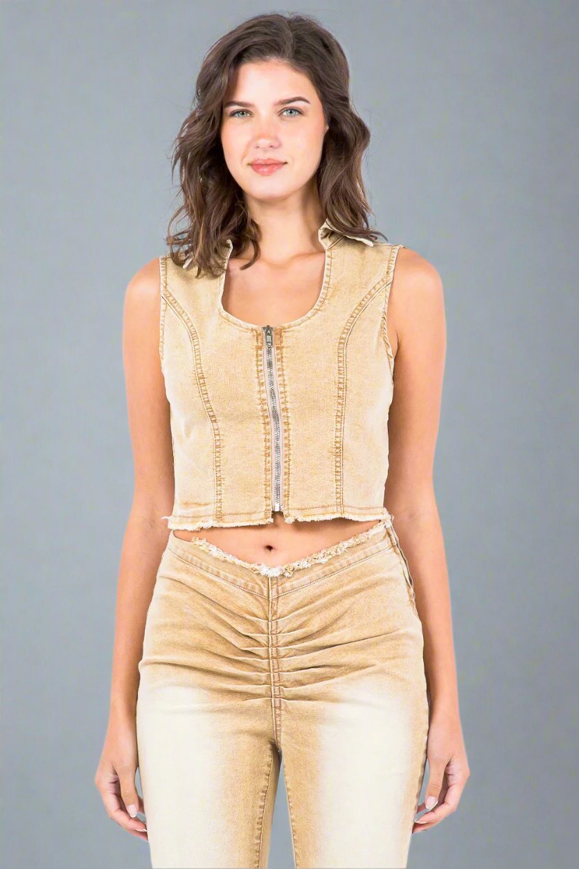 American Bazi - Zip Up Washed Crop Denim Vest in Tan