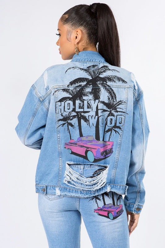 American BaziHollywood Graphic Distressed Long Sleeve Denim Jacket