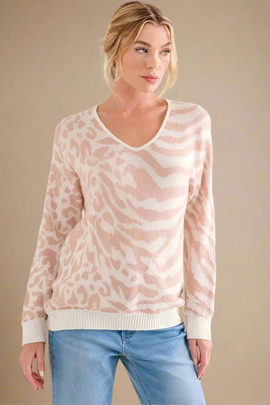 And the Why - Animal Print V - Neck Sweater in Blush & Ivory