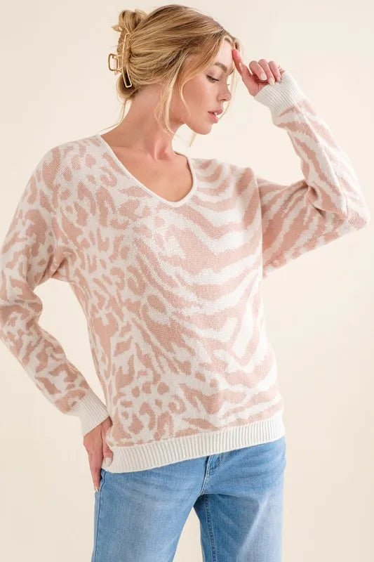 And the Why - Animal Print V - Neck Sweater in Blush & Ivory
