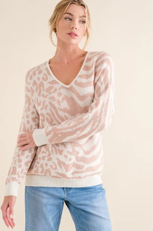 And the Why - Animal Print V - Neck Sweater in Blush & Ivory