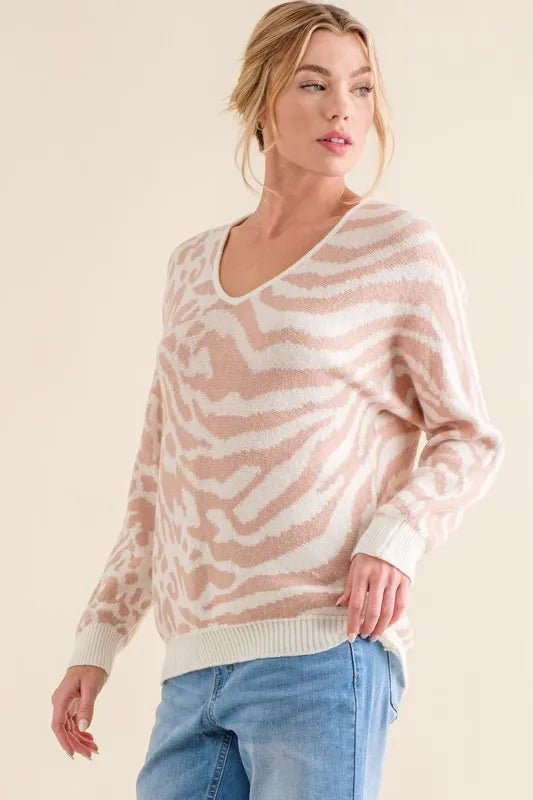 And the Why - Animal Print V - Neck Sweater in Blush & Ivory