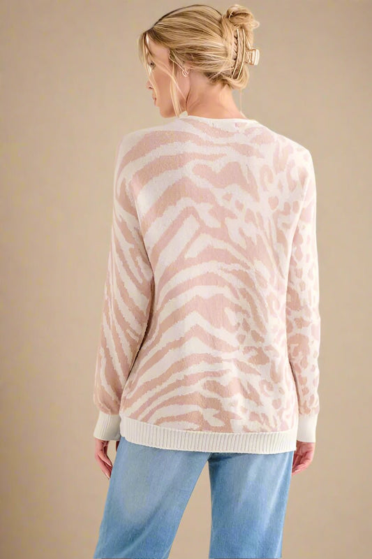 And the Why - Animal Print V - Neck Sweater in Blush & Ivory