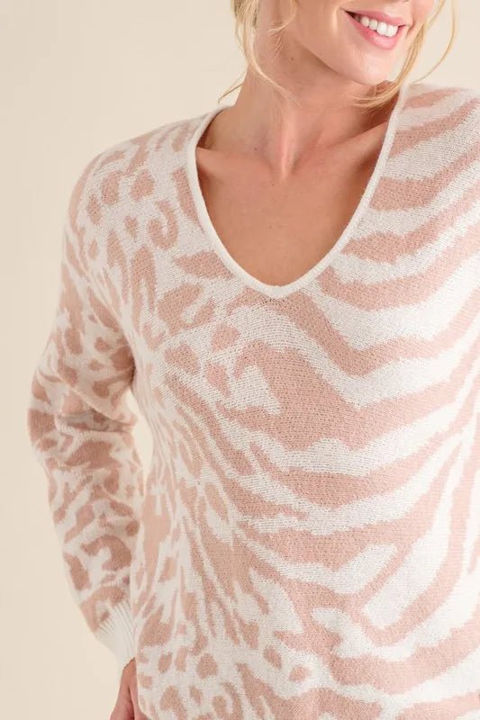 And the Why - Animal Print V - Neck Sweater in Blush & Ivory