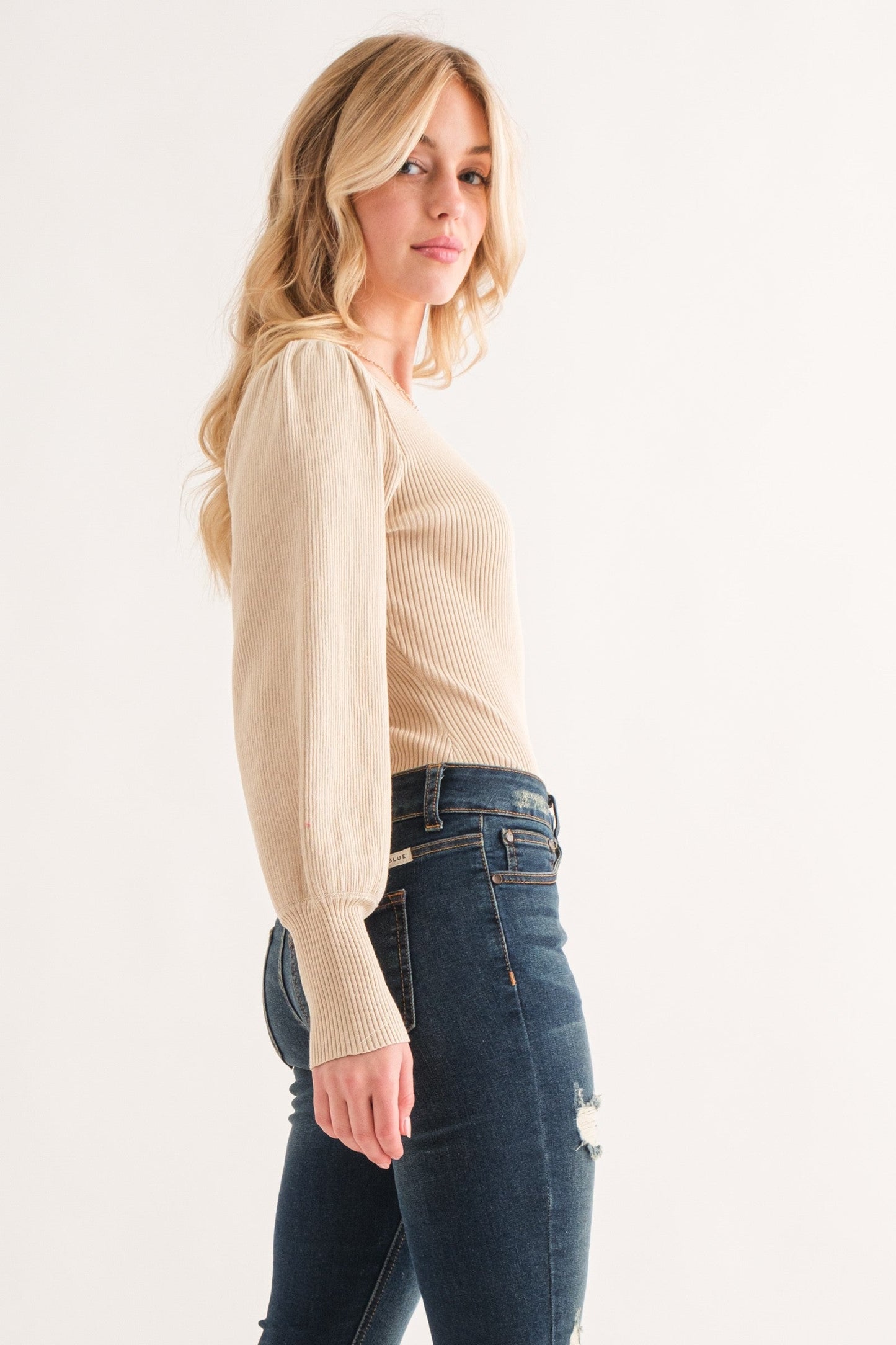 And the Why - Beige Rib Knit Puff Sleeve Bodysuit