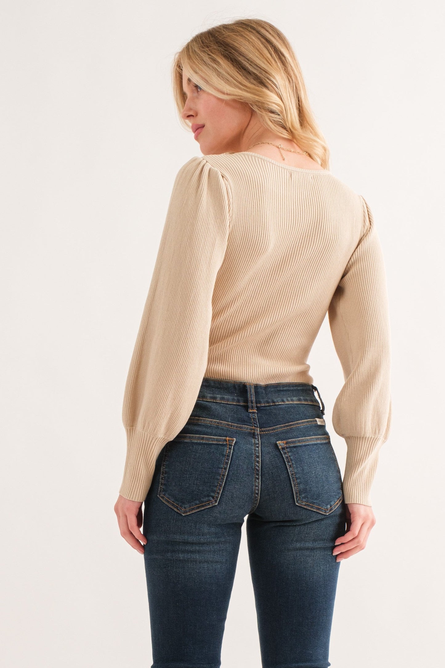 And the Why - Beige Rib Knit Puff Sleeve Bodysuit