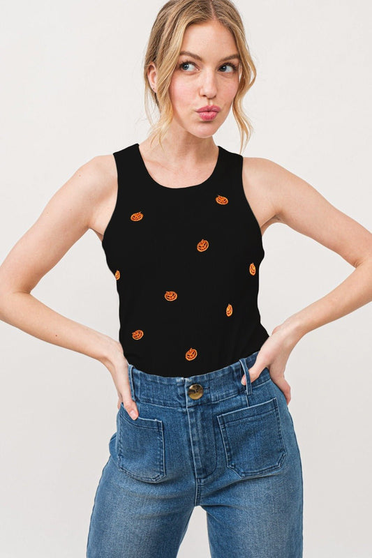 And the Why - Black Jack O' Lantern Embroidered Rib Knit Tank Top