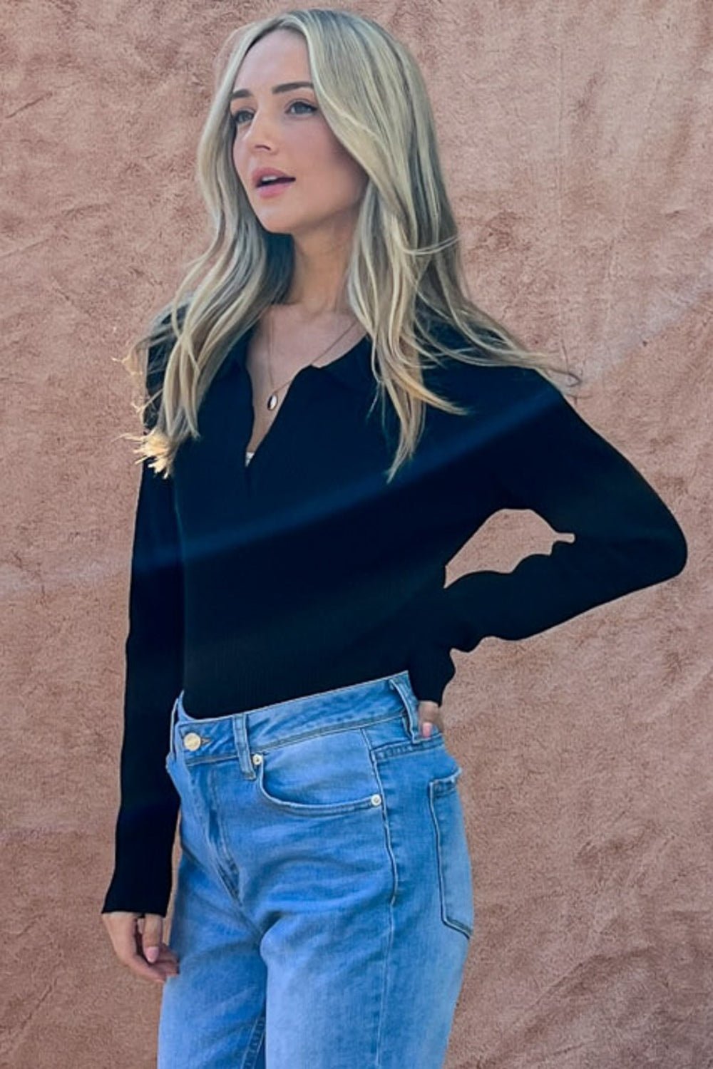 And the Why - Black Johnny Collar Long Sleeve Rib Knit Bodysuit