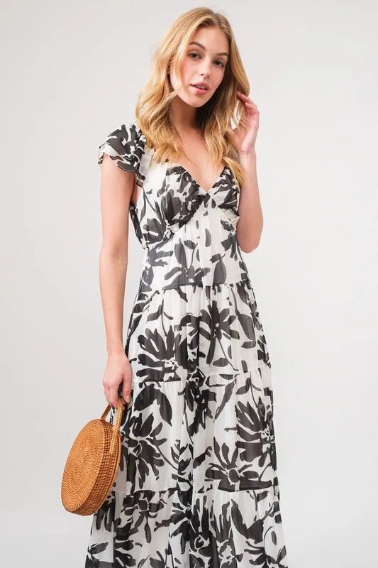 And the Why - Black & White Floral Flutter Sleeve Maxi Dress