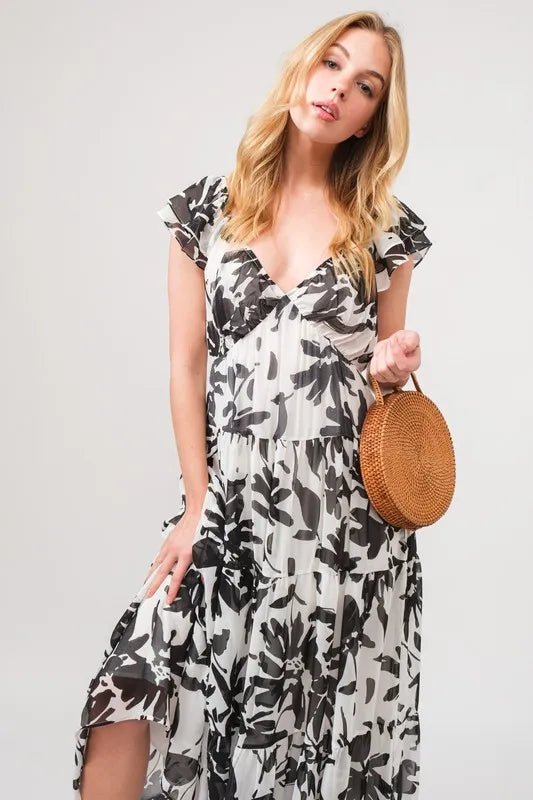 And the Why - Black & White Floral Flutter Sleeve Maxi Dress