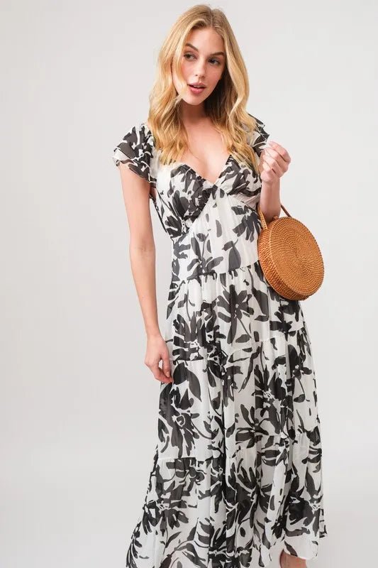 And the Why - Black & White Floral Flutter Sleeve Maxi Dress