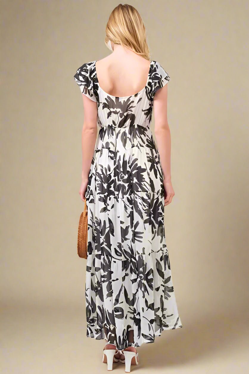 And the Why - Black & White Floral Flutter Sleeve Maxi Dress