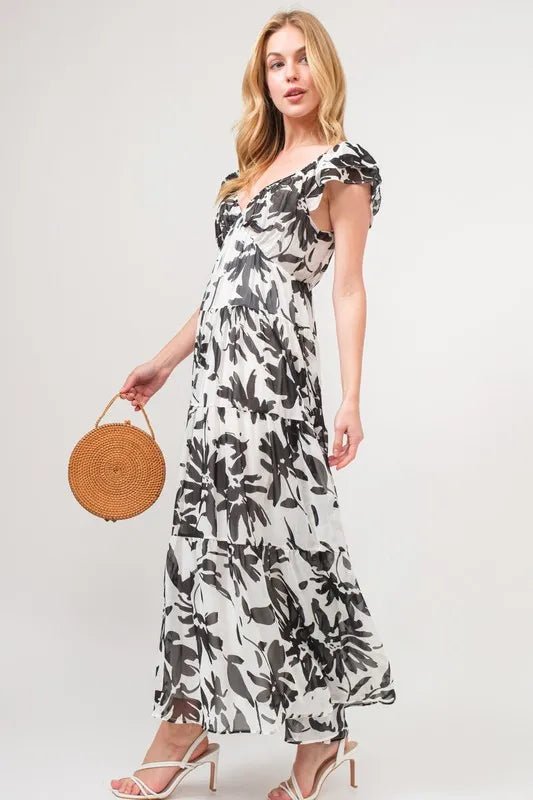 And the Why - Black & White Floral Flutter Sleeve Maxi Dress