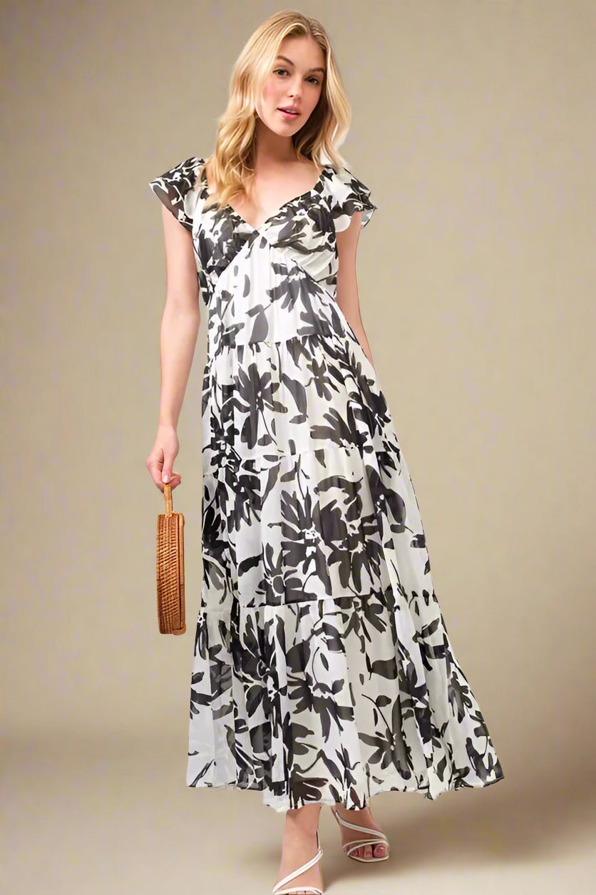 And the Why - Black & White Floral Flutter Sleeve Maxi Dress
