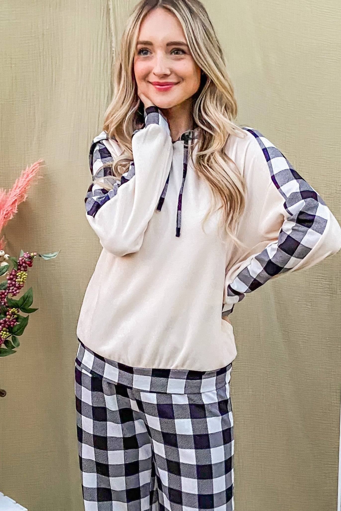 And the Why - Black & White Hooded Top & Plaid Pants Lounge Set