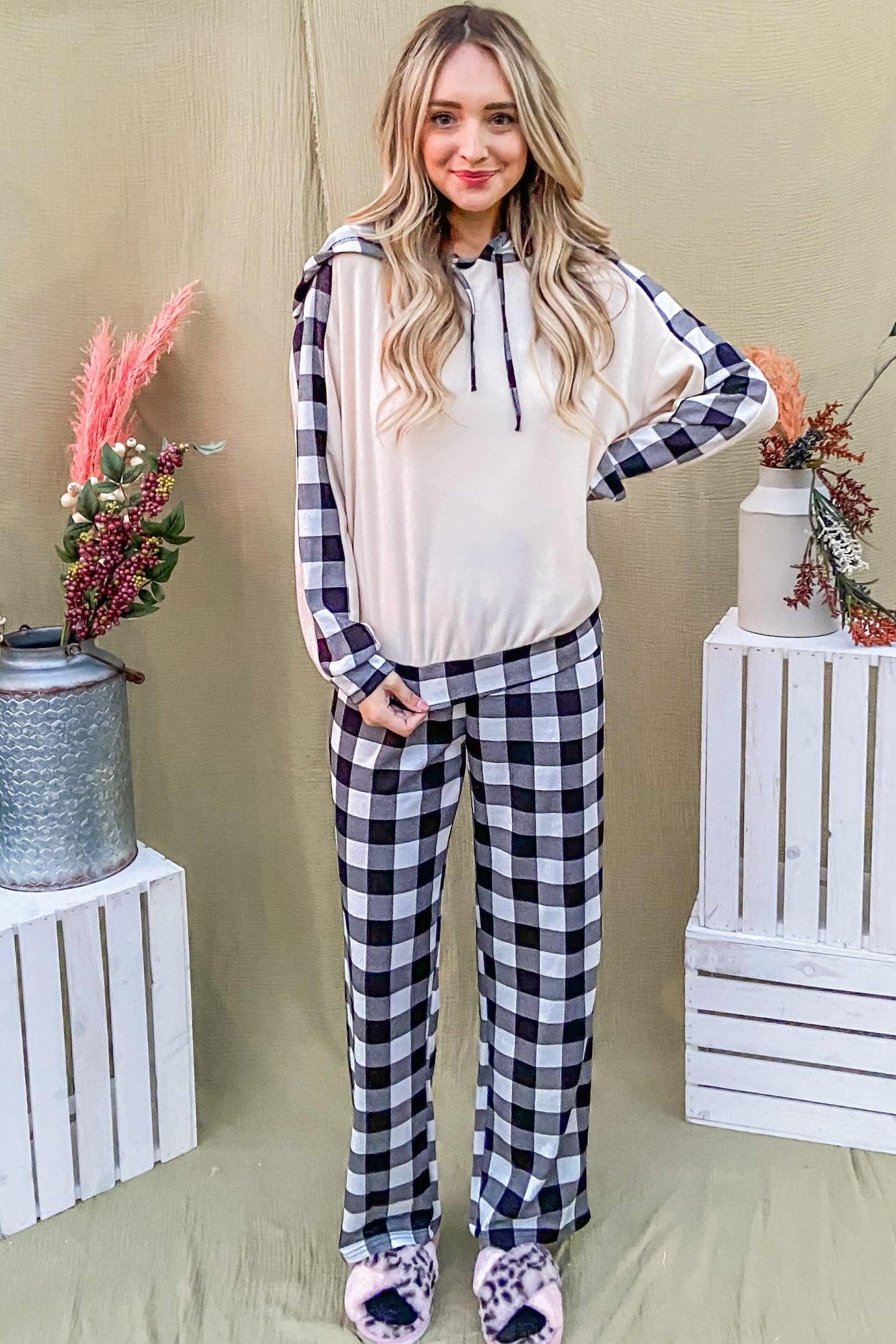 And the Why - Black & White Hooded Top & Plaid Pants Lounge Set