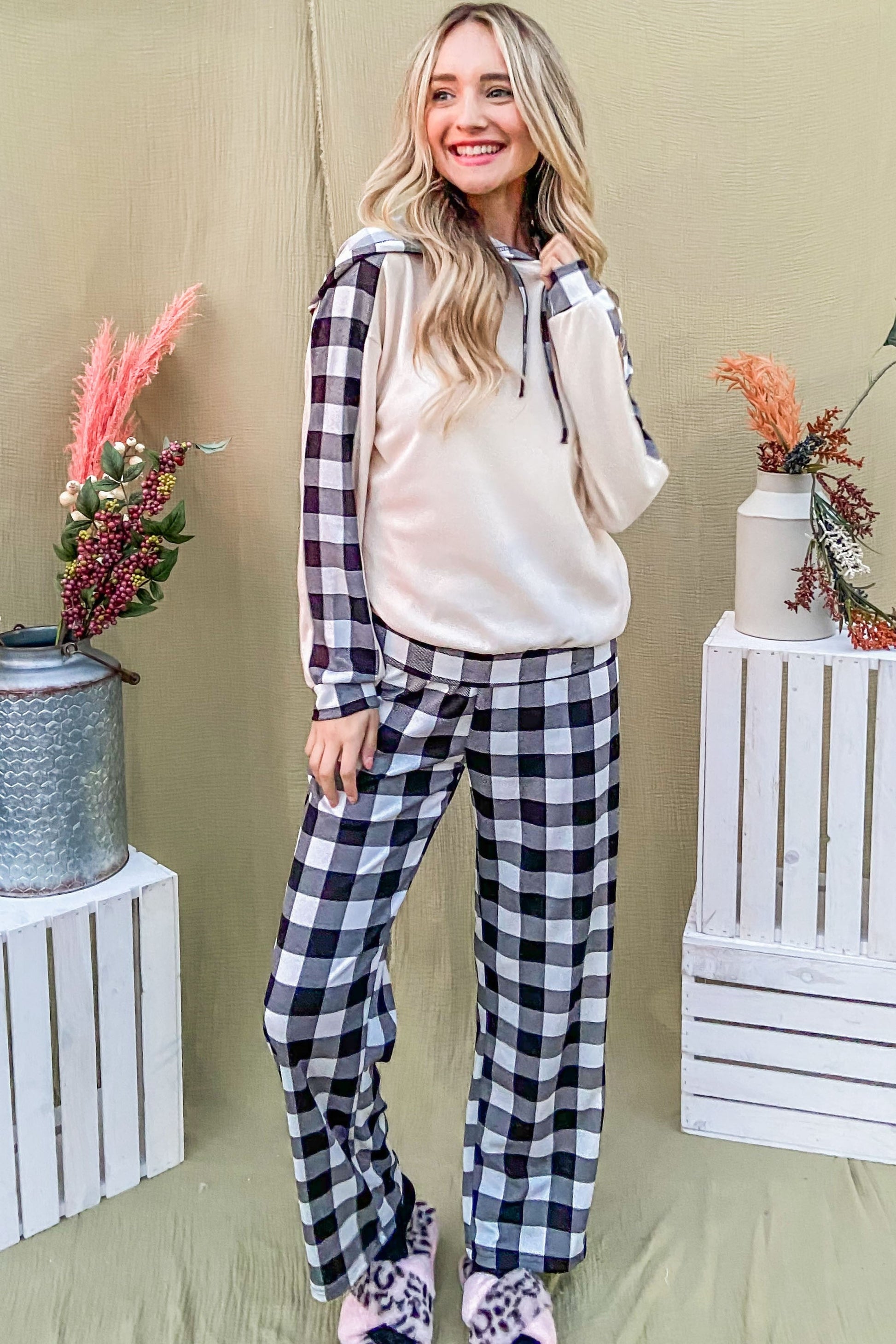 And the Why - Black & White Hooded Top & Plaid Pants Lounge Set