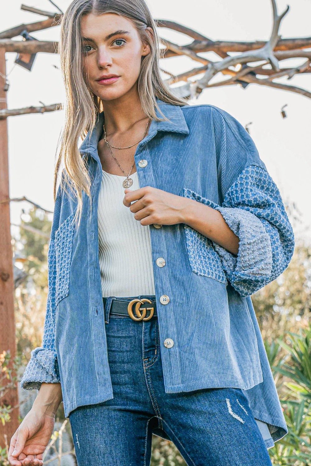 And the Why - Blue Button Down Corduroy Contrast Texture Long Sleeve Shacket