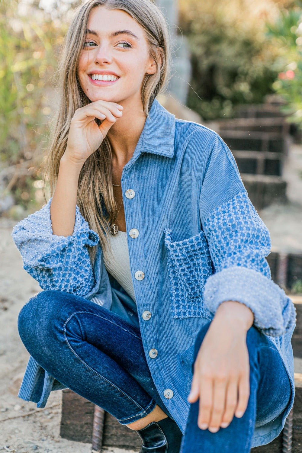 And the Why - Blue Button Down Corduroy Contrast Texture Long Sleeve Shacket