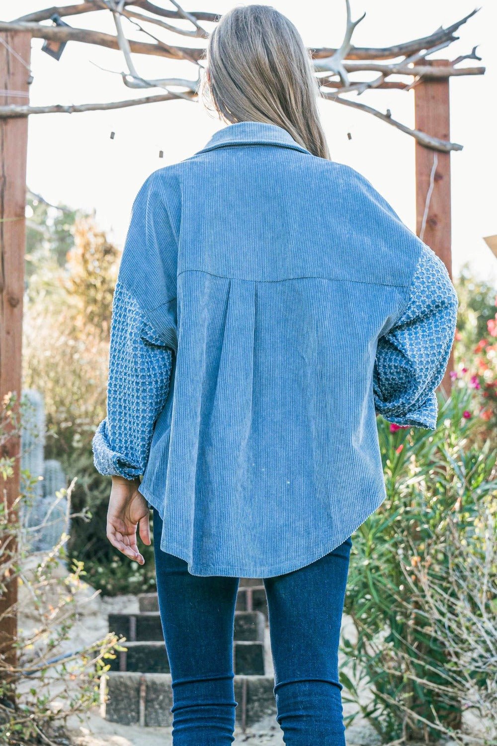 And the Why - Blue Button Down Corduroy Contrast Texture Long Sleeve Shacket