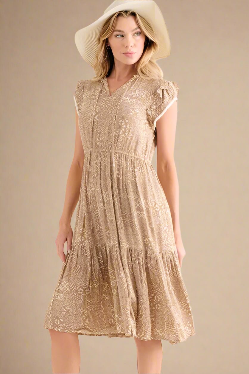 And the Why - Boho Flutter Sleeve Midi Dress in Mocha Cream