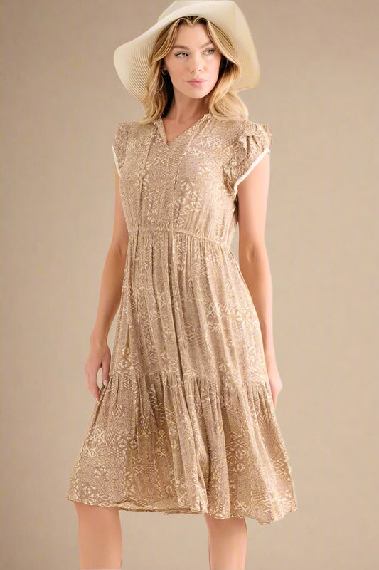 And the Why - Boho Flutter Sleeve Midi Dress in Mocha Cream