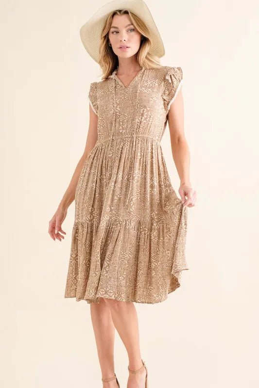 And the Why - Boho Flutter Sleeve Midi Dress in Mocha Cream