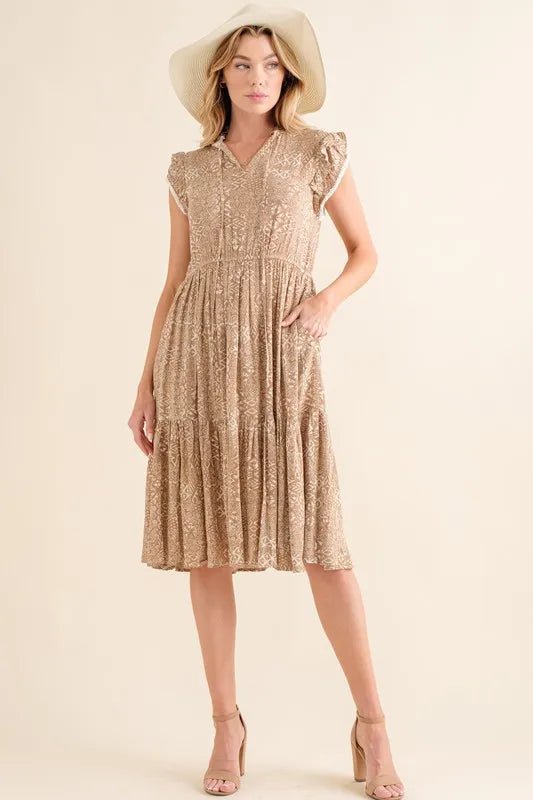 And the Why - Boho Flutter Sleeve Midi Dress in Mocha Cream