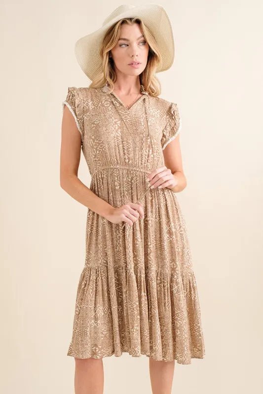 And the Why - Boho Flutter Sleeve Midi Dress in Mocha Cream