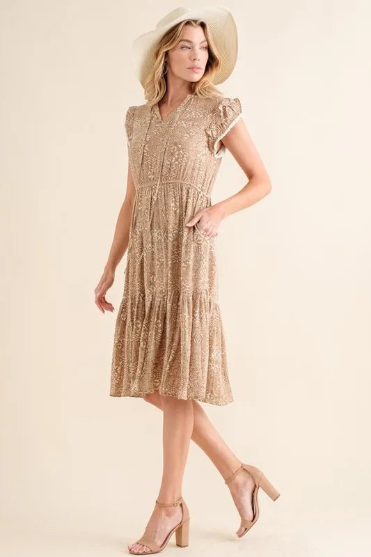 And the Why - Boho Flutter Sleeve Midi Dress in Mocha Cream