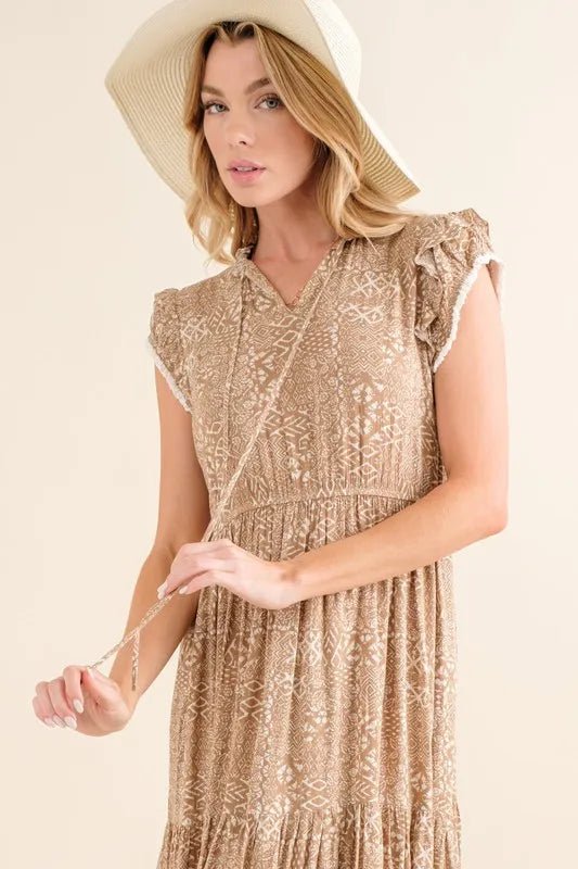 And the Why - Boho Flutter Sleeve Midi Dress in Mocha Cream