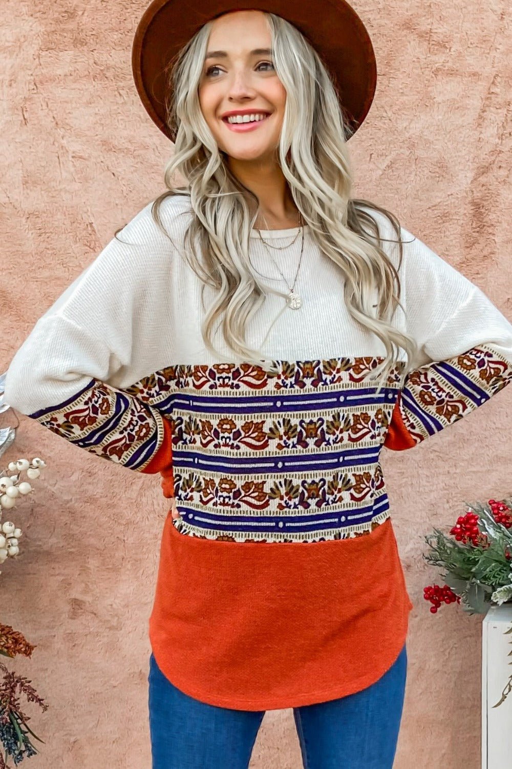 And the Why - Boho Print Color Block Top in Rust